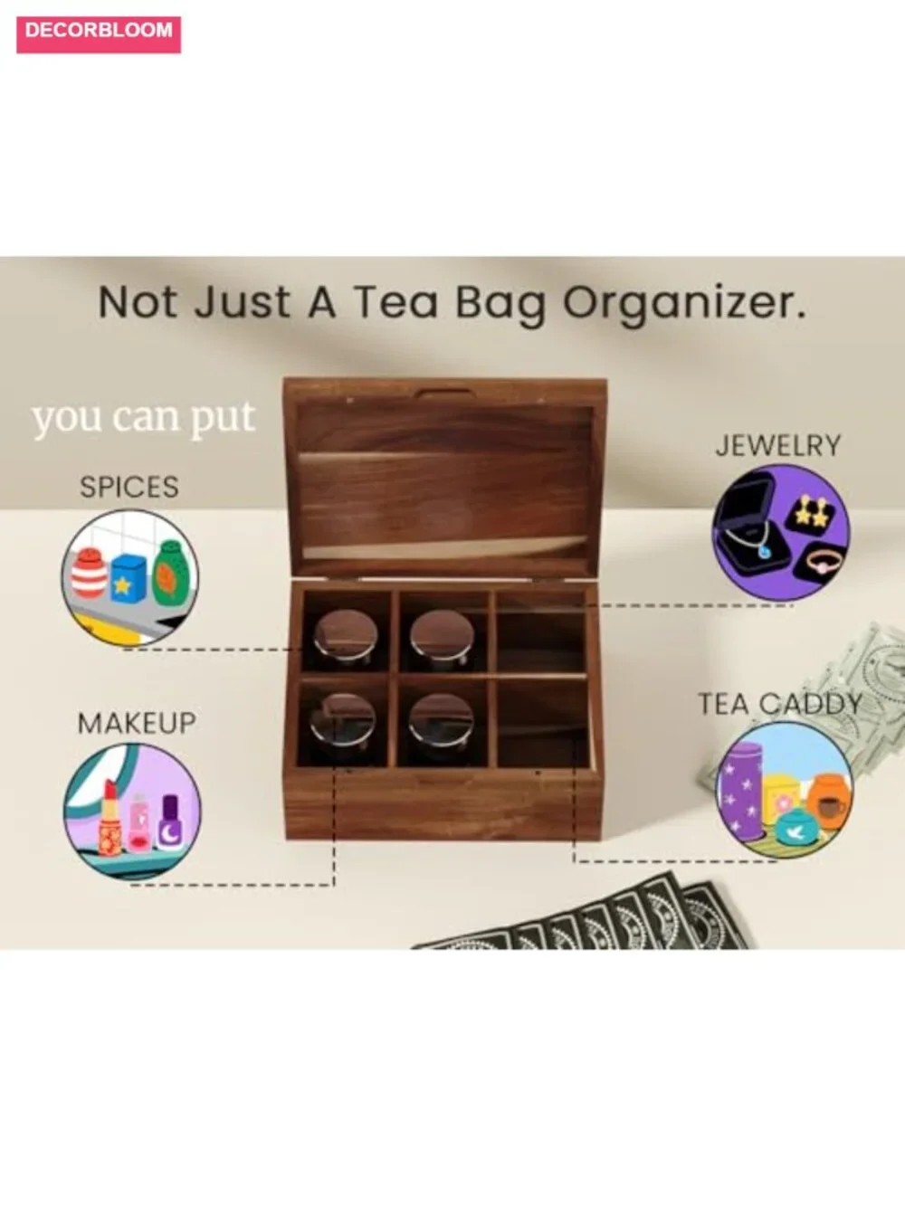 Acacia Wood Tea Bag Organizer with Lid, 6 Compartments, Tea Storage Chest